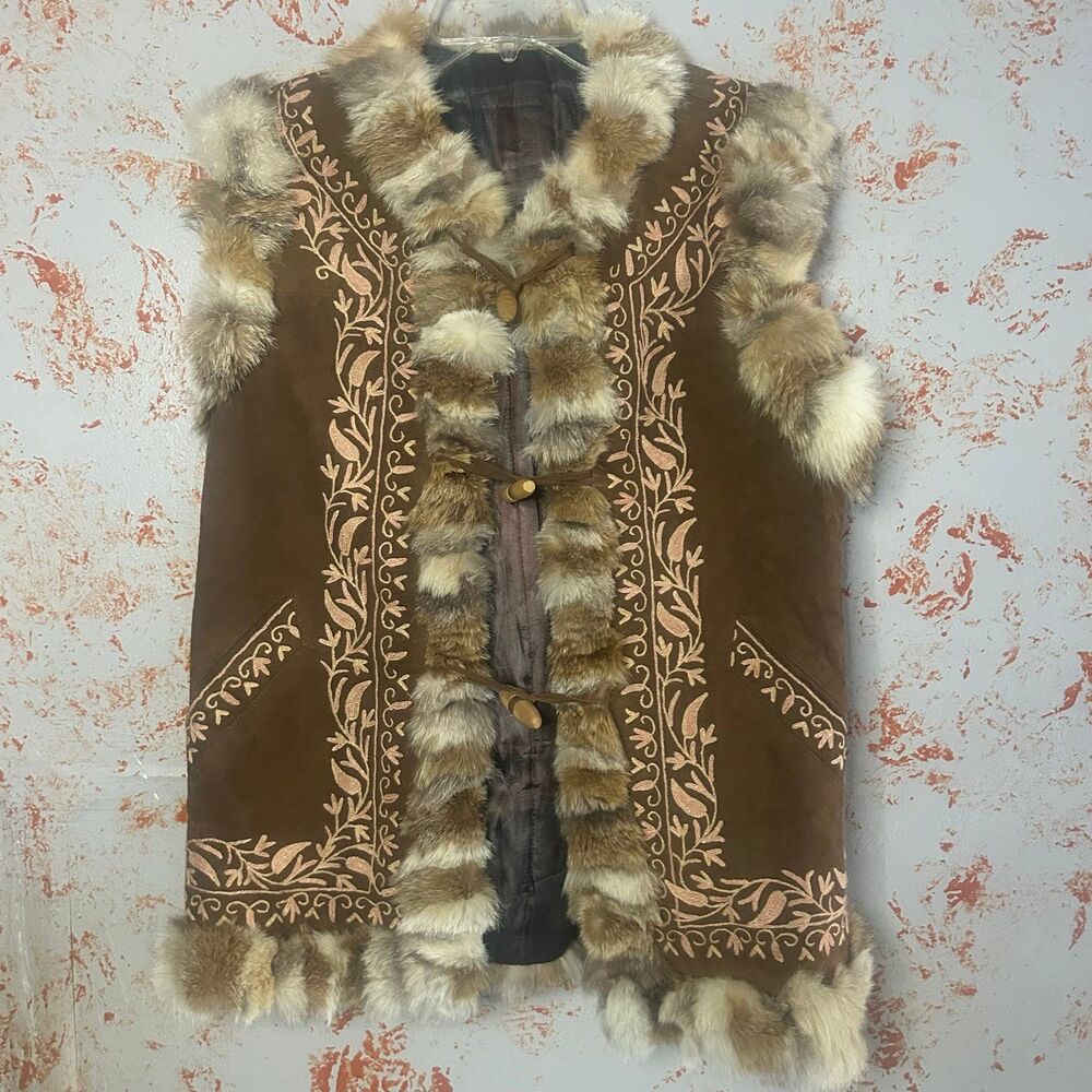 Boho Embroidered Faux Fur Trim Vest Brown Faux Suede Western Festival Small - Picture 1 of 9